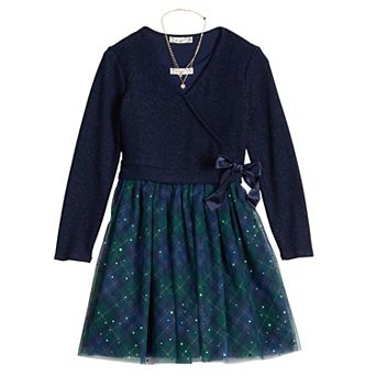 Girls 7-16 Knit Works Long Sleeve Wrap Front Popover Mesh Skirt Dress Set with Necklace