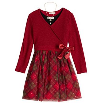 Girls 7-16 Knit Works Long Sleeve Wrap Front Popover Mesh Skirt Dress Set with Necklace