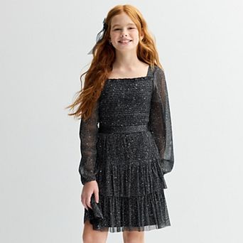 Girls 7-16 Knit Works Tiered Long Sleeve Smocked Bodice Dress & Bow Clip