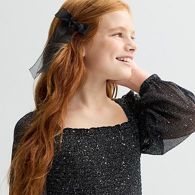 Girls 7-16 Knit Works Tiered Long Sleeve Smocked Bodice Dress & Bow Clip