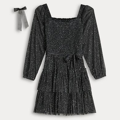 Girls 7-16 Knit Works Tiered Long Sleeve Smocked Bodice Dress & Bow Clip