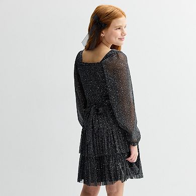 Girls 7-16 Knit Works Tiered Long Sleeve Smocked Bodice Dress & Bow Clip