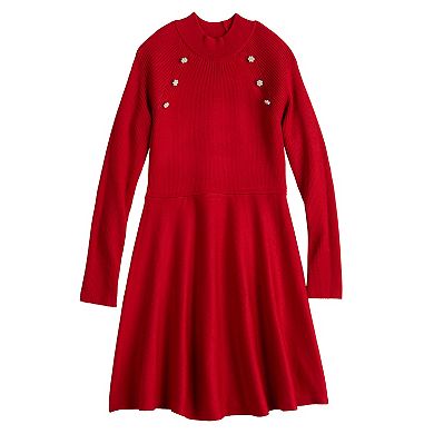 Girls 7-16 Knit Works Fit & Flare Long Sleeve Sweater Dress With Jewel Buttons