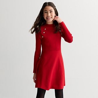 Girls 7-16 Knit Works Fit & Flare Long Sleeve Sweater Dress With Jewel Buttons