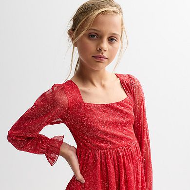 Girls 7-16 Inspired Hearts Glitter Long Sleeve Babydoll Dress