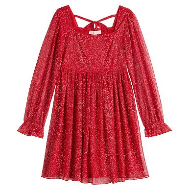 Girls 7-16 Inspired Hearts Glitter Long Sleeve Babydoll Dress