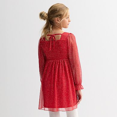 Girls 7-16 Inspired Hearts Glitter Long Sleeve Babydoll Dress