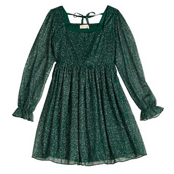Girls 7-16 Inspired Hearts Glitter Long Sleeve Babydoll Dress