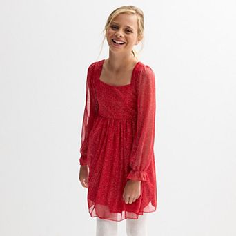 Girls 7-16 Inspired Hearts Glitter Long Sleeve Babydoll Dress