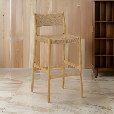 Rie Barstool Chair, Danish Inspired Panel Backrest, Woven Paper Cord