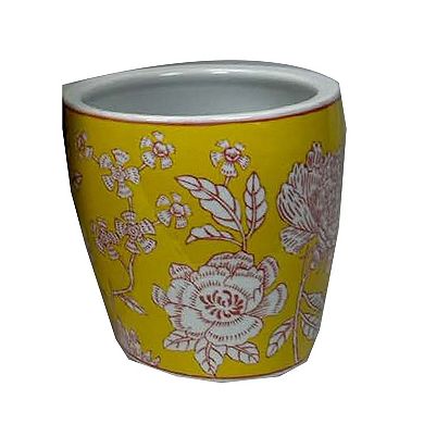 Kerry Accent Planter Pot Set of 4, Yellow Floral Pattern White Ceramic