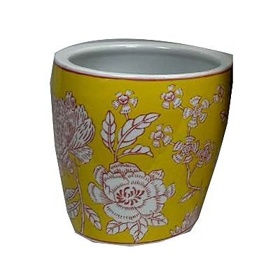 Kerry Accent Planter Pot Set of 4, Yellow Floral Pattern White Ceramic