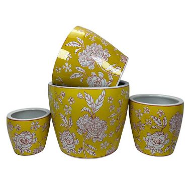 Kerry Accent Planter Pot Set of 4, Yellow Floral Pattern White Ceramic