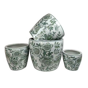Kerry Accent Planter Pot Set of 4, Yellow Floral Pattern White Ceramic