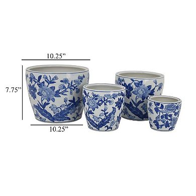 Kerry Accent Planter Pot Set of 4, Blue Floral Pottery, White Ceramic