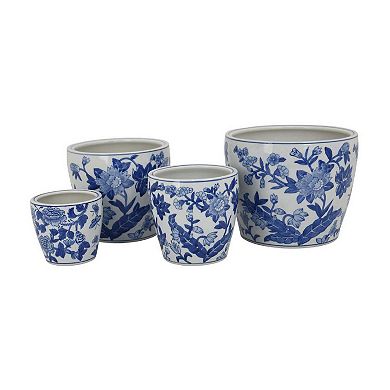 Kerry Accent Planter Pot Set of 4, Blue Floral Pottery, White Ceramic