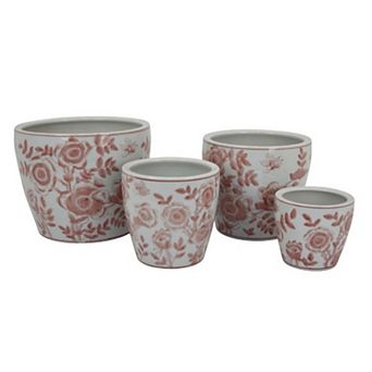 Kerry Accent Planter Pot Set of 4, Blue Floral Pottery, White Ceramic