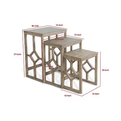 Rena 3 Piece Nesting Accent Table Set, Geometric Frame, Distressed Pebble Brown Solid Mahogany Wood