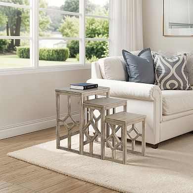 Rena 3 Piece Nesting Accent Table Set, Geometric Frame, Distressed Pebble Brown Solid Mahogany Wood