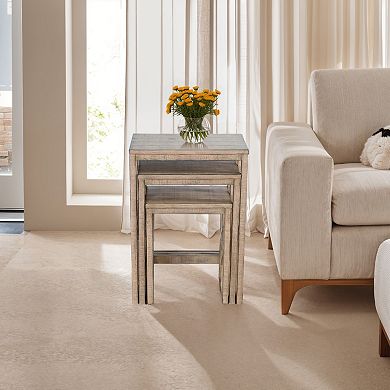 Rena 3 Piece Nesting Accent Table Set, Geometric Frame, Distressed Pebble Brown Solid Mahogany Wood
