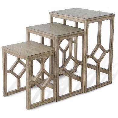 Rena 3 Piece Nesting Accent Table Set, Geometric Frame, Distressed Pebble Brown Solid Mahogany Wood