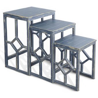 Rena 3 pc Nesting Accent Table Set, Geometric Frame, Distressed Pebble Brown Solid Mahogany Wood