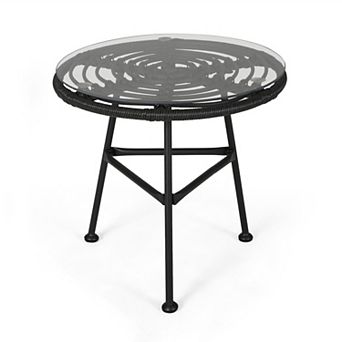 Tee Outdoor Side End Table, Rattan Weave with Glass Top