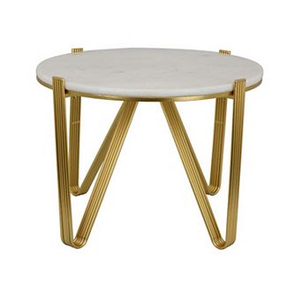 Glam Plant Stand Table, White Marble, Gold Metal Texture Legs, 25 Inch