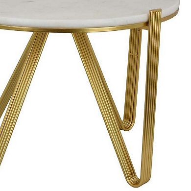 Glam Plant Stand Table, White Marble, Gold Metal Texture Legs, 25 Inch
