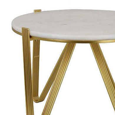 Glam Plant Stand Table, White Marble, Gold Metal Texture Legs, 25 Inch