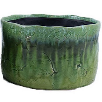 Foy Wide Planter Set of 2, Two Tone Green Ceramic, Round, Modern Style