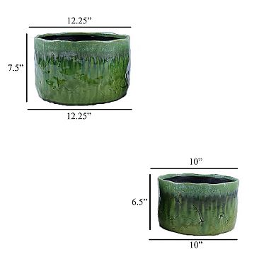 Foy Wide Planter Set of 2, Two Tone Green Ceramic, Round, Modern Style