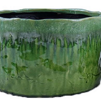 Foy Wide Planter Set of 2, Two Tone Green Ceramic, Round, Modern Style