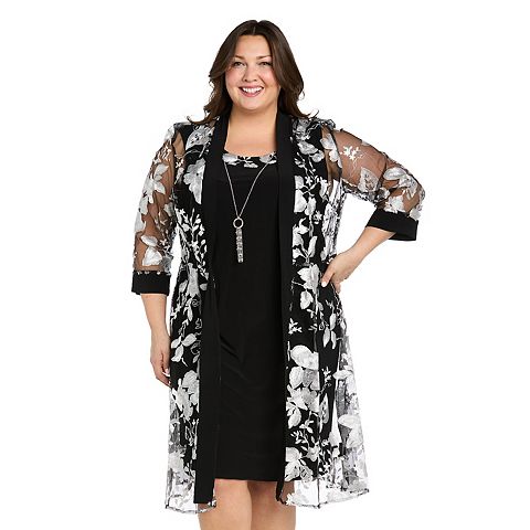 Женские платья R&M Plus Size R&M Richards Floral Embroidered Duster Jacket Dress with Detachable Necklace
