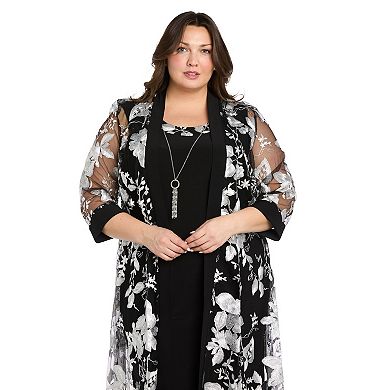 Plus Size R&M Richards Floral Embroidered Duster Jacket Dress with Detachable Necklace