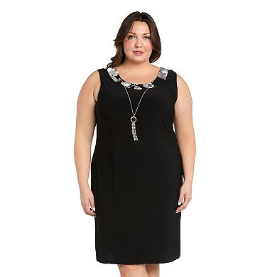 Plus Size R&M Richards Floral Embroidered Duster Jacket Dress with Detachable Necklace