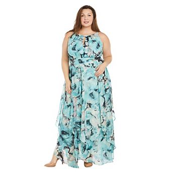 Plus Size R&M Richards Long Hankie Hem Printed Chiffon Halter Dress