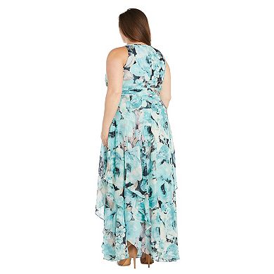 Plus Size R&M Richards Long Hankie Hem Printed Chiffon Halter Dress