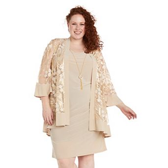 Plus Size R&M Richards 2 pc 3D Flower Tulle & Jersey Jacket Dress Set with Detachable Necklace