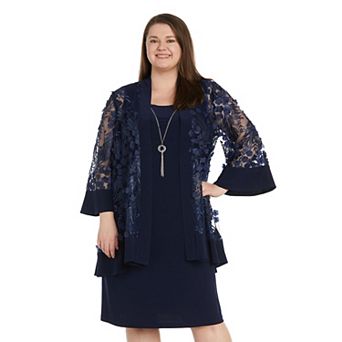 Plus Size R&M Richards 2 pc 3D Flower Tulle & Jersey Jacket Dress Set with Detachable Necklace
