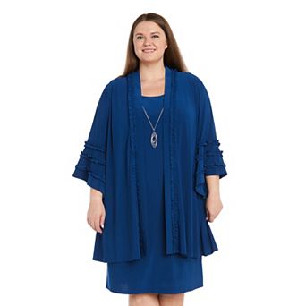 Plus Size R&M Richards 2 pc Ruffle Sleeve Jacket Dress Set with Detachable Necklace