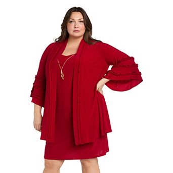 Plus Size R&M Richards 2 pc Ruffle Sleeve Jacket Dress Set with Detachable Necklace