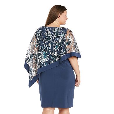 Plus Size R&M Richards Banded Embroidered Sequin Poncho Dress
