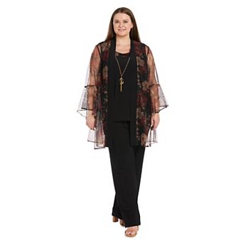 Plus Size R&M Richards 2 pc Sheer Printed Jacket with Bell Sleeves and Pantsuit Set with Detachable Necklace