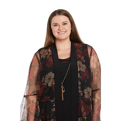 Plus Size R&M Richards 2-pc. Sheer Printed Jacket with Bell Sleeves and Pantsuit Set with Detachable Necklace