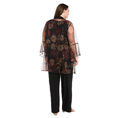 Plus Size R&M Richards 2-pc. Sheer Printed Jacket with Bell Sleeves and Pantsuit Set with Detachable Necklace