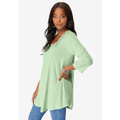 Roaman's Women's Plus Size Squareneck Pointelle Top