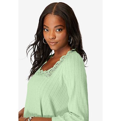 Roaman's Women's Plus Size Squareneck Pointelle Top