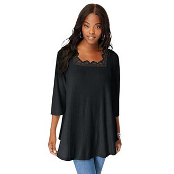 Roaman's Women's Plus Size Squareneck Pointelle Top
