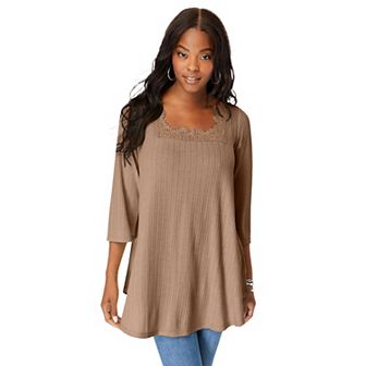 Roaman's Women's Plus Size Squareneck Pointelle Top